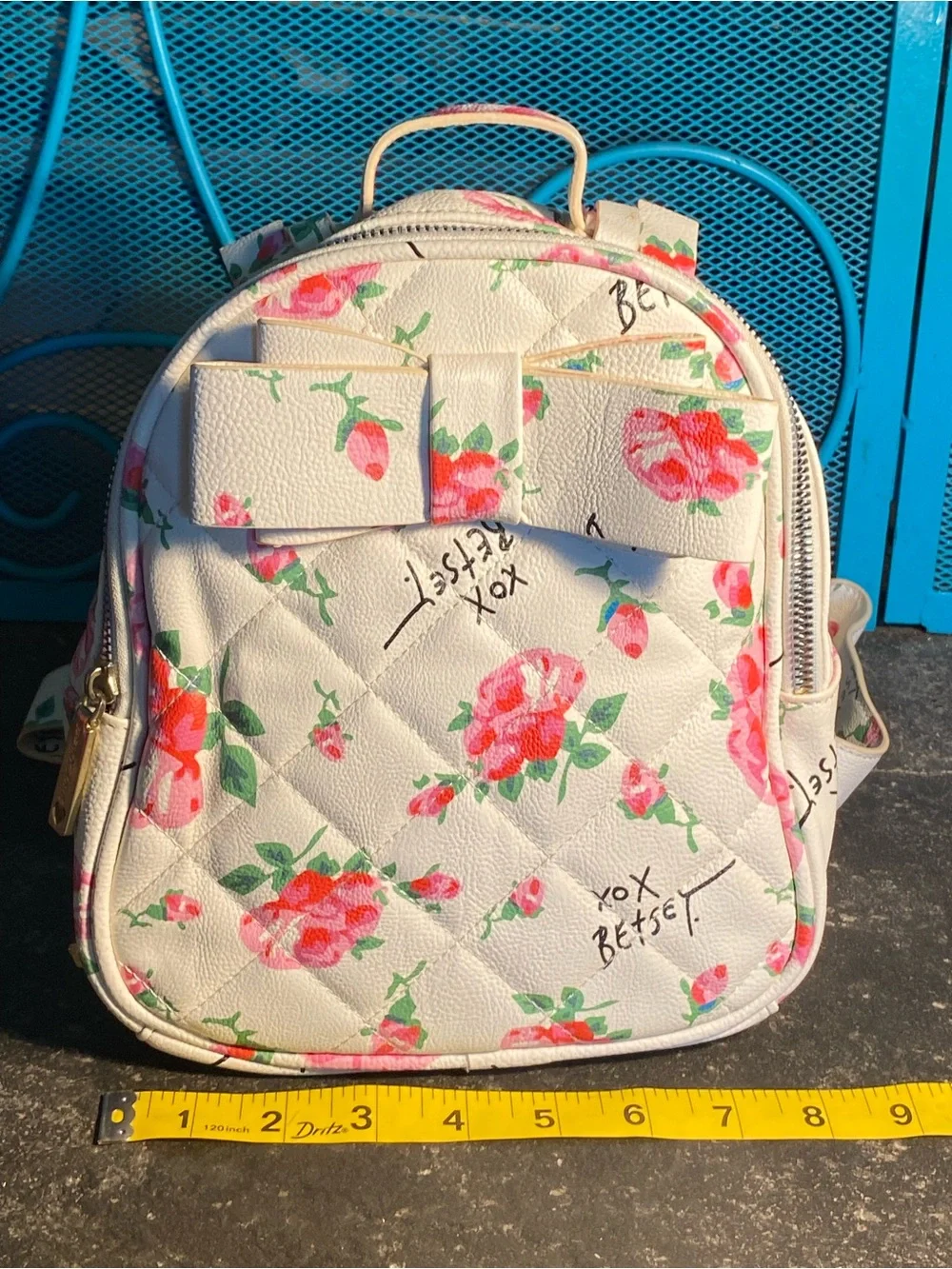 Adorable Betsey Johnson small back pack,white quilted,pink floral/logo print